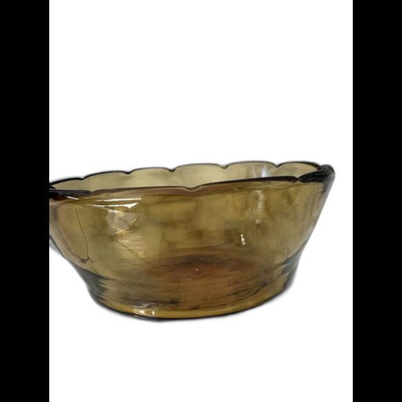 Vintage Scalloped Amber Art Glass Bowl Applied Curled Handle Hand Blown - Picture 5 of 6